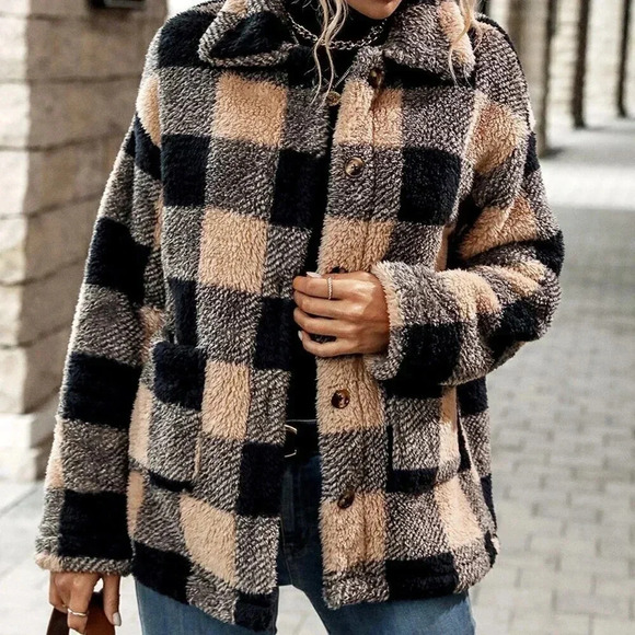 Multicolor Casual Women's Buffalo Plaid Dual Pocket Drop Shoulder Flannel Coat - Picture 3 of 6